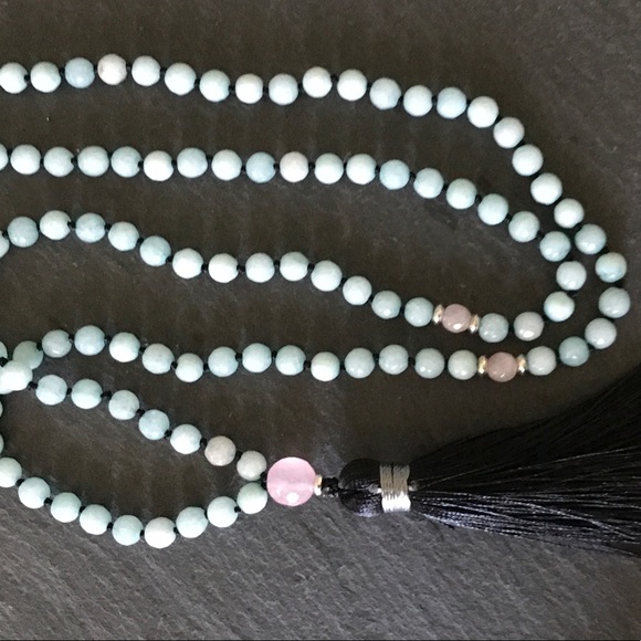 Genuine Aquamarine and Rose Quartz Mala necklace - Picture 5 of 7